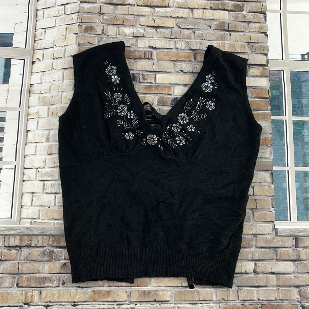 NWT Women’s The Limited Black Beaded V Neck Backless Tie Up Classy Top (S) GD20